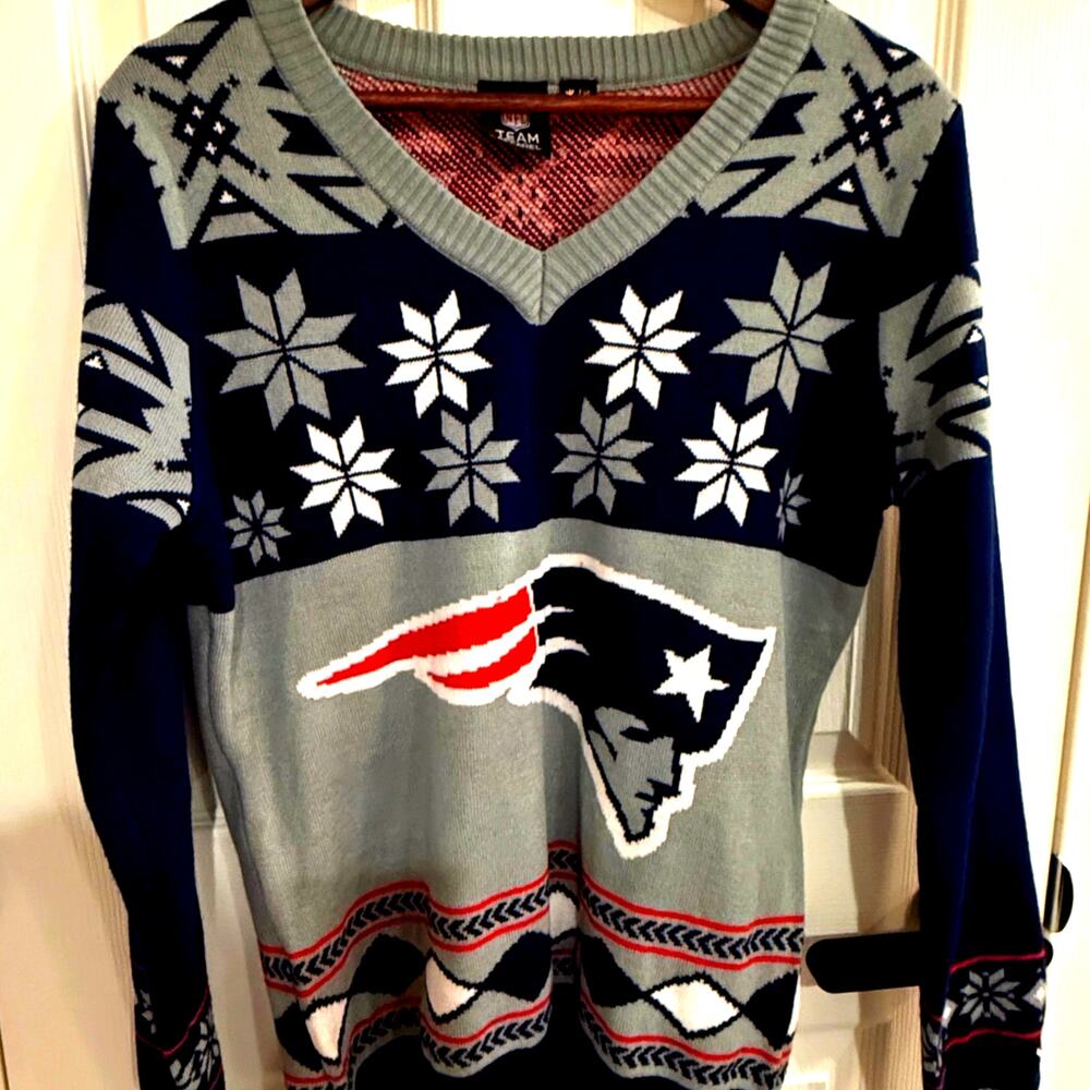 NFL Winter Christmas Patriots Sweater, V-Neck, XL, Ugly Sweater